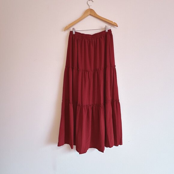 Dark Red Elastic Tie Waist Tiered Maxi Skirt - Picture 3 of 4
